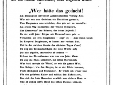 Veršování divadelního ředitele Karla Burghausera v anonymně vydané knize polního podmaršálka Friedricha von Sunstenau Olmütz im Jahre 1848, Olmütz 1856, první část. 